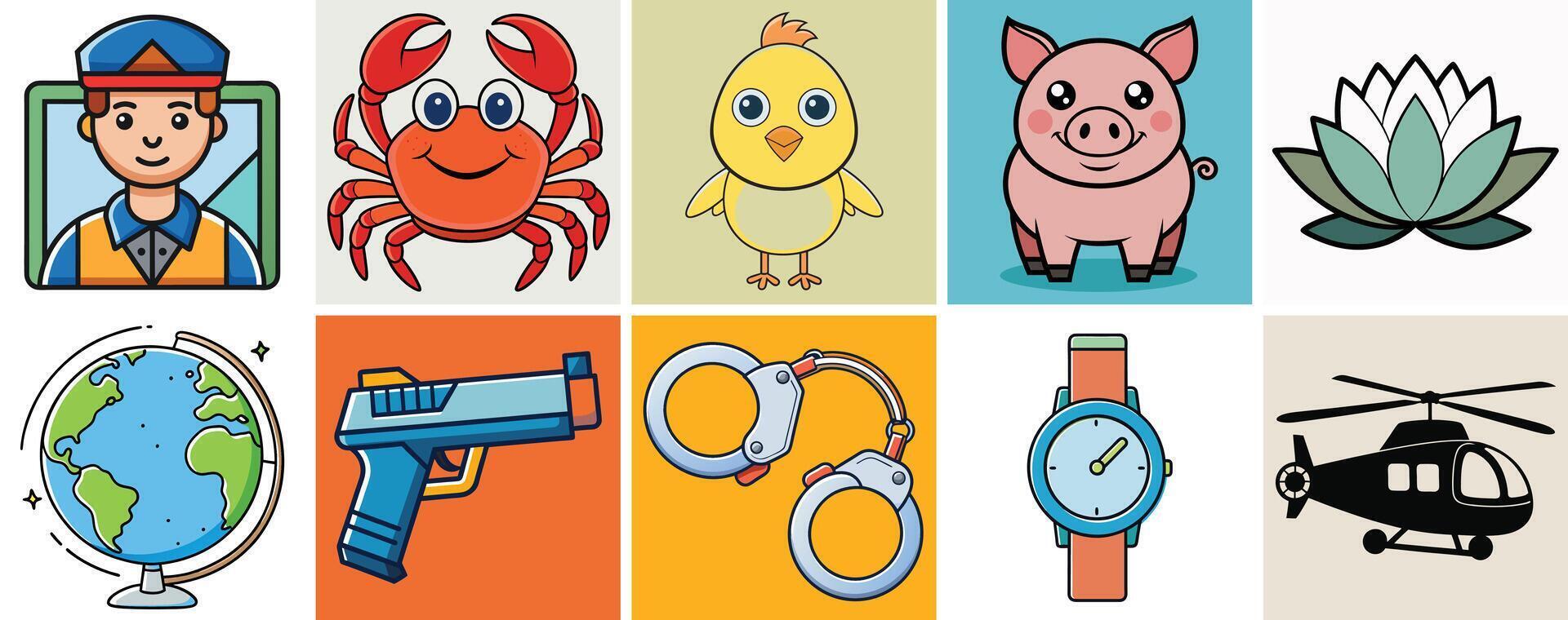 A Collection of Diverse and Colorful Cartoon Images Featuring Animals Objects and a Police Officer vector