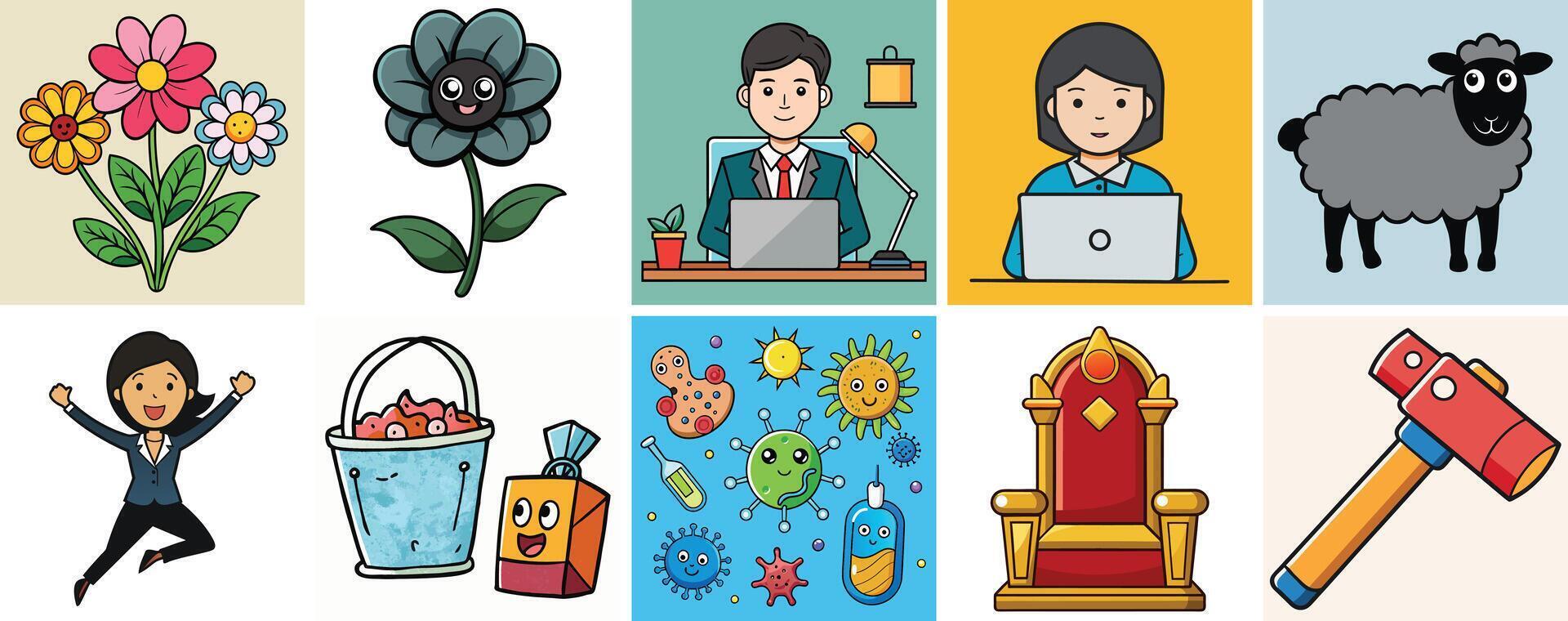 A Collection of Diverse and Whimsical Cartoon Illustrations Featuring Flowers People Animals and Objects vector