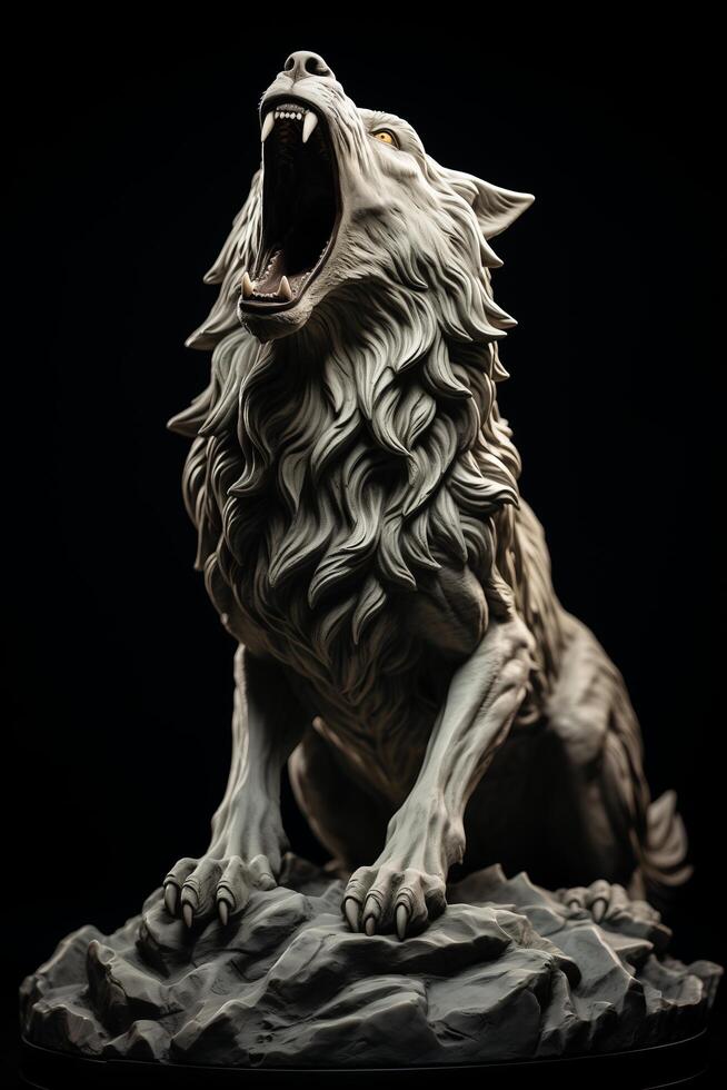 A statue of a wolf with its mouth open photo