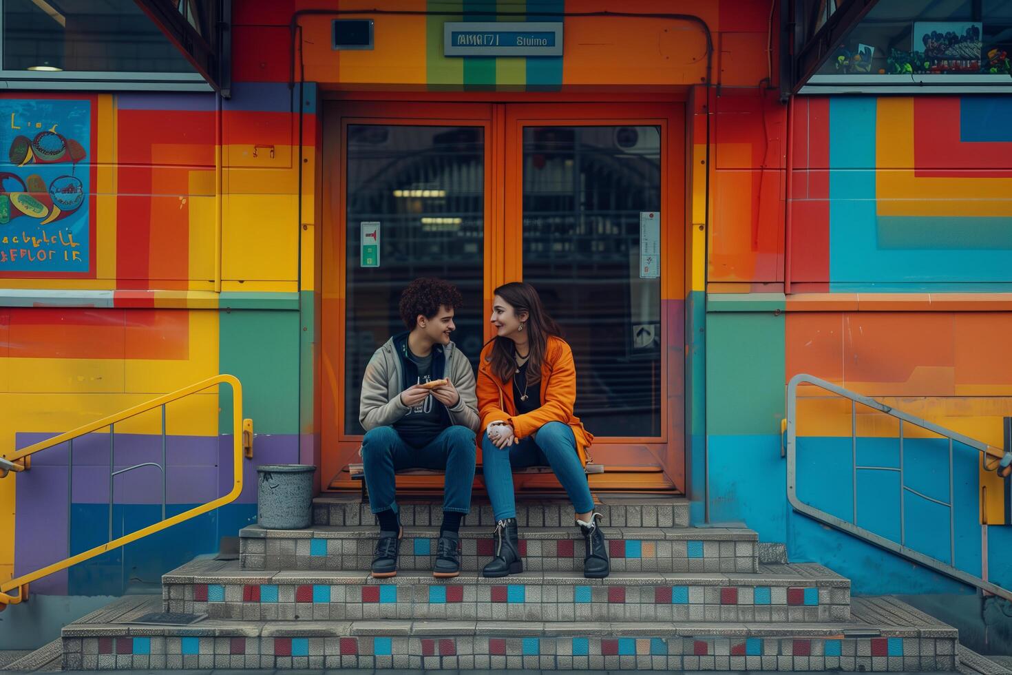 Two people sitting on steps in front of a colorful building photo