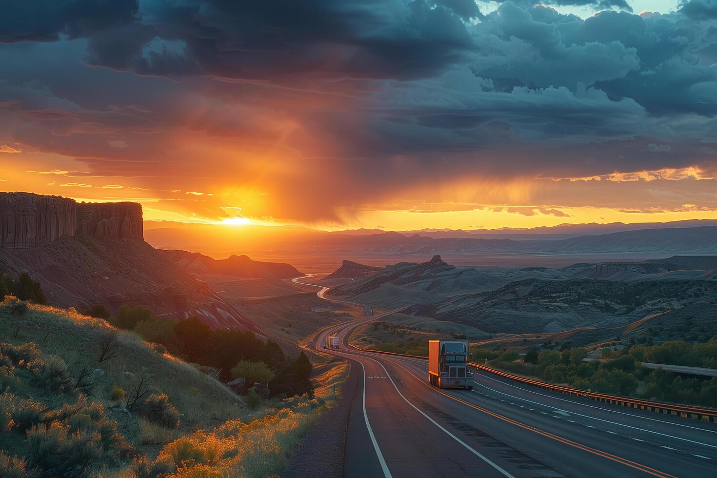 A truck driving down a highway at sunset photo