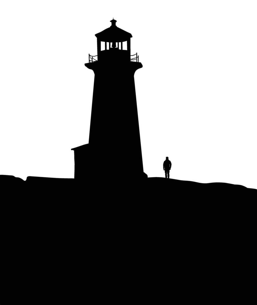 Silhouette of a lighthouse and a person standing on the rocks against a Coastal scene maritime theme beacon of light vector