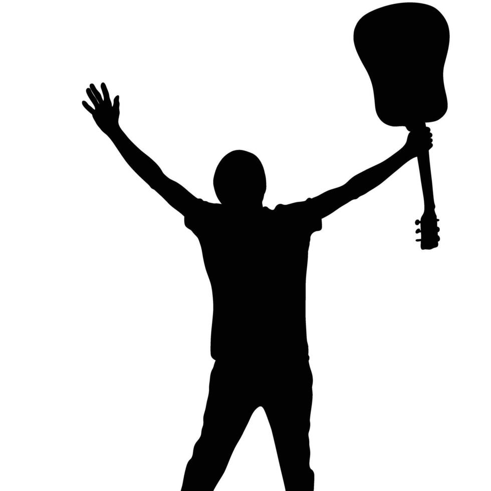 Silhouette of a person with arms raised holding a guitar Celebration of music Joyful expression of triumph and passion vector