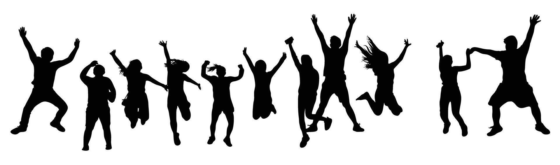 Silhouette illustration of jubilant people jumping with arms raised expressing excitement and freedom Celebrate life and happiness vector