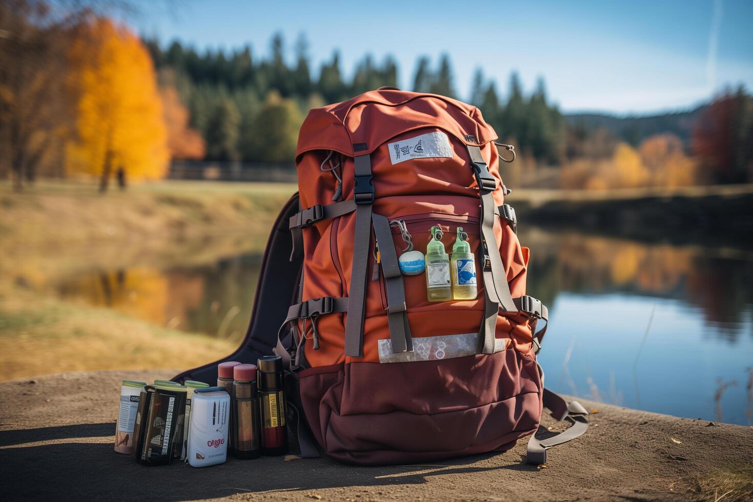 A backpack with a bottle of beer and other items photo