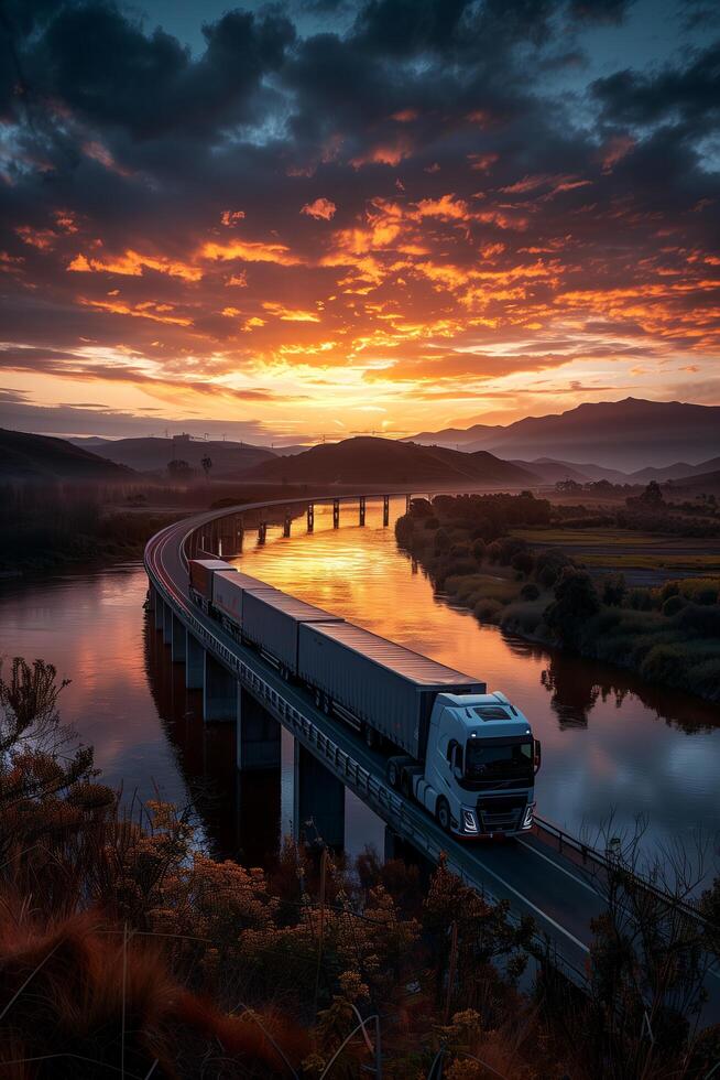 A truck driving on a bridge at sunset photo