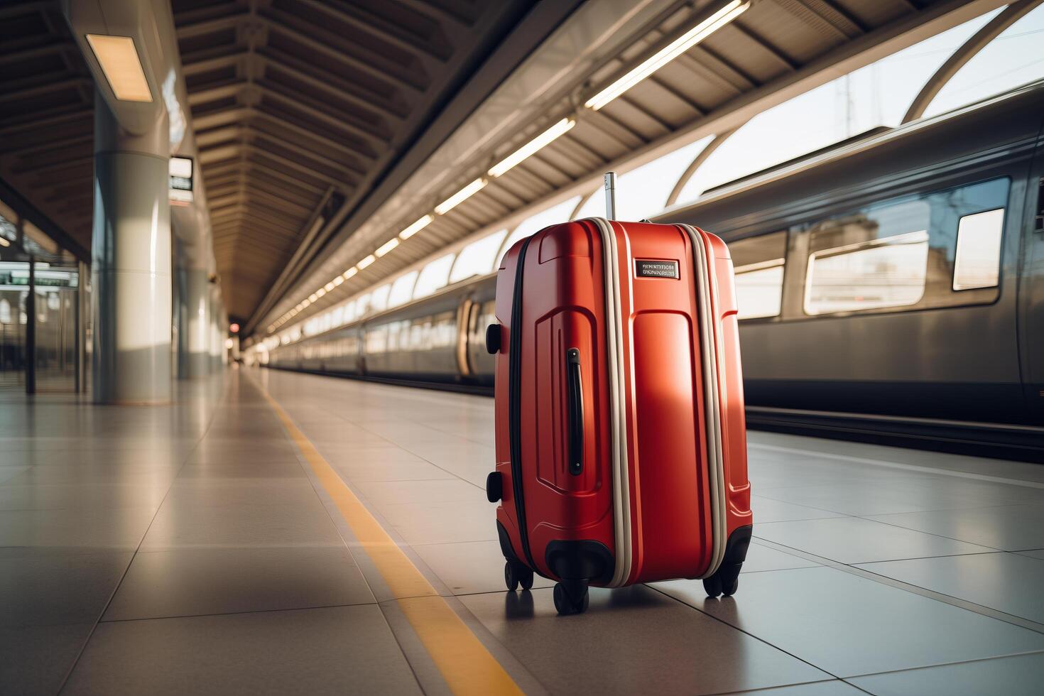 A red suitcase sitting on a tiled floor photo