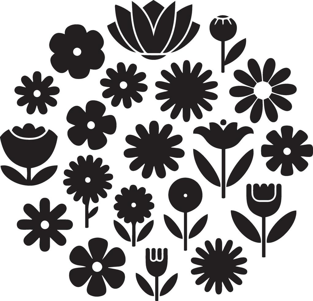 Circle of Black and White Flat Flowers Icons Silhouettes vector