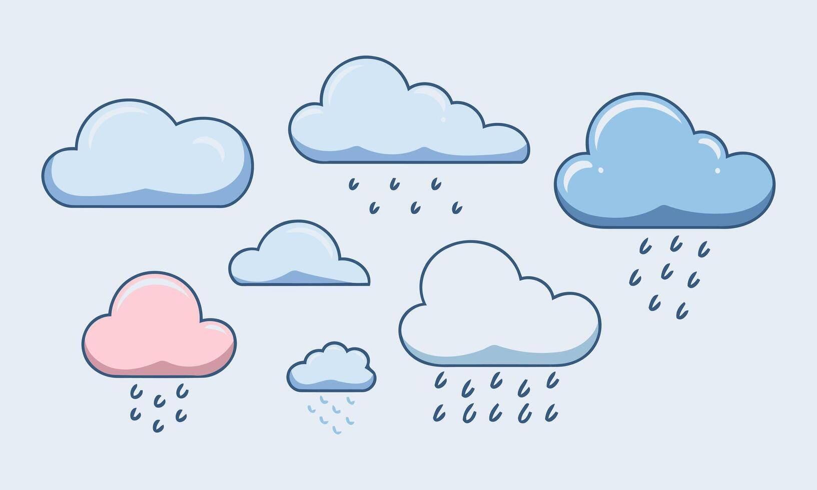 A collection of cartoon-style clouds in pastel blue and pink, with simple rain or snow falling from some. vector