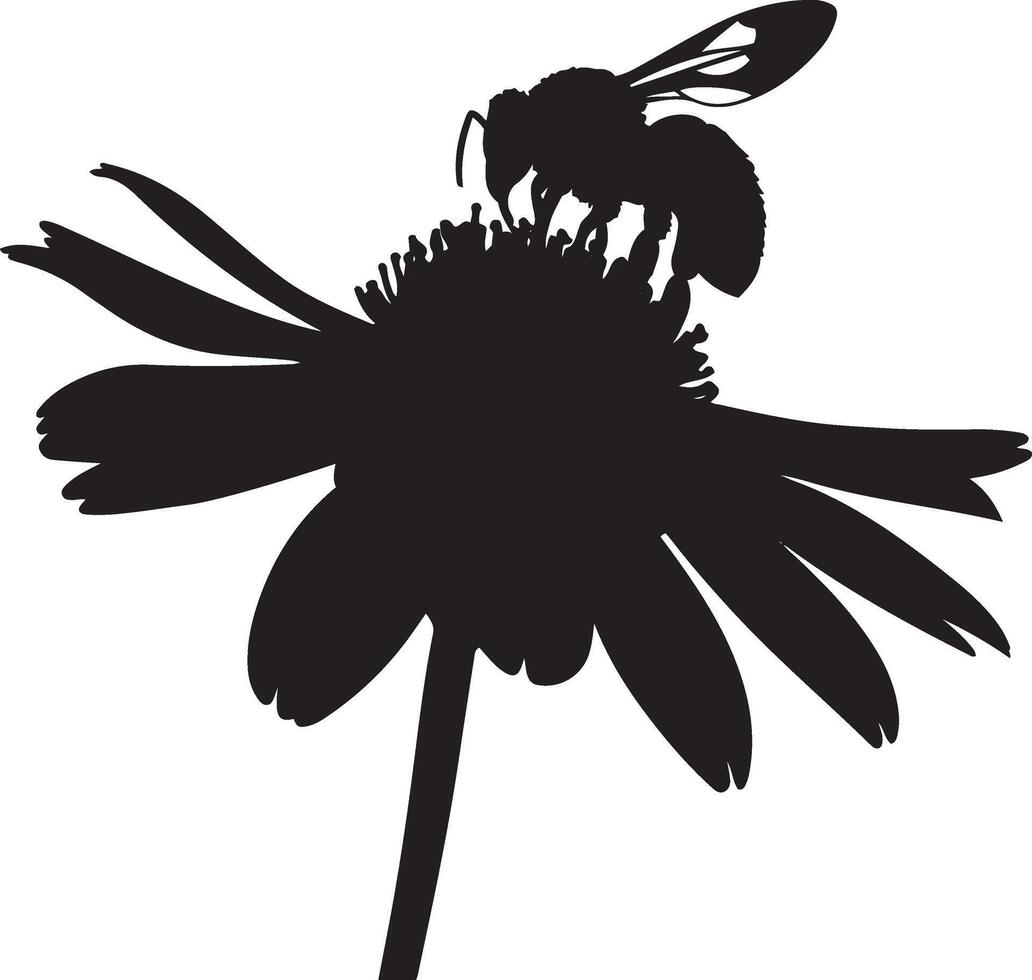 A black silhouette of a flower with a bee vector