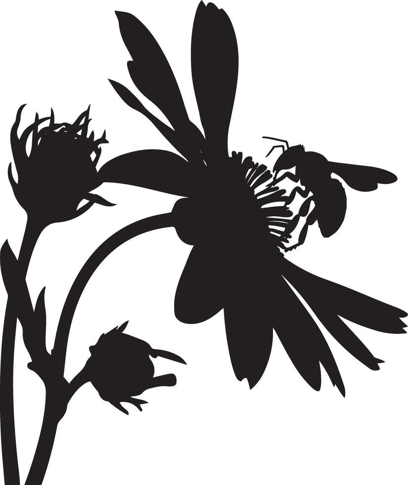 A black silhouette of a flower with a bee with white background vector
