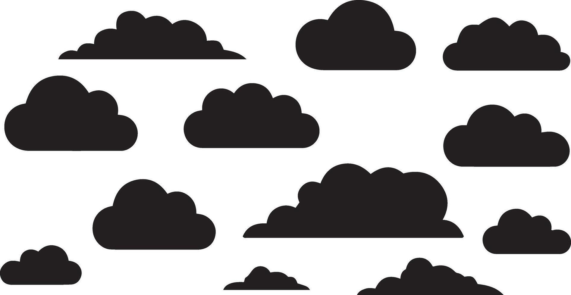A set of various cloud shapes in solid black silhouette against a white background. vector