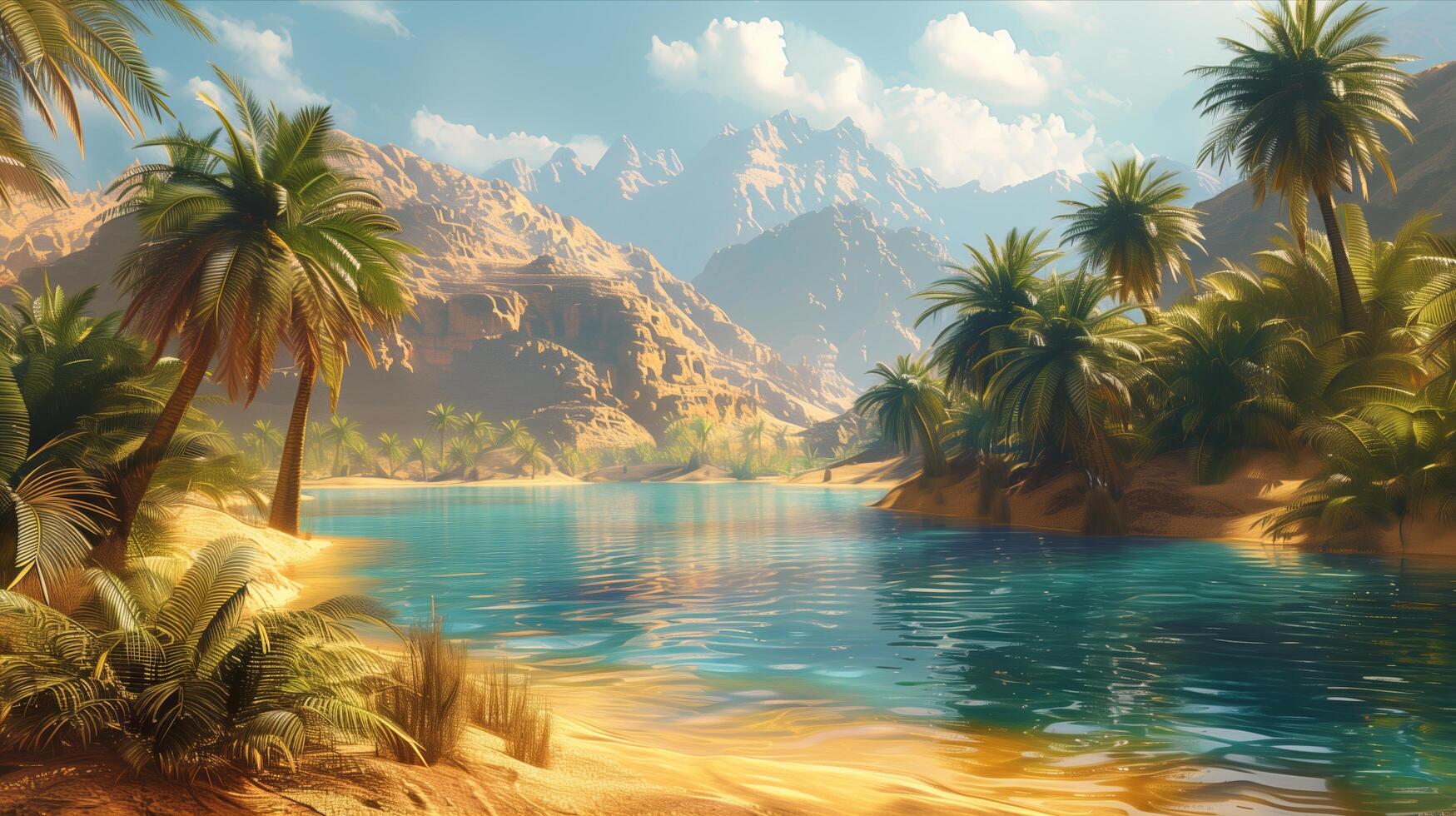 The desert landscape with palm trees and water photo