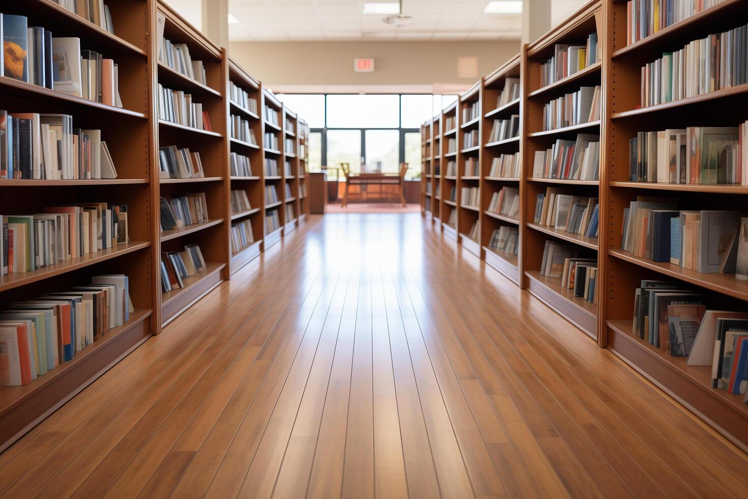A long wooden hallway with bookshelves and a light photo