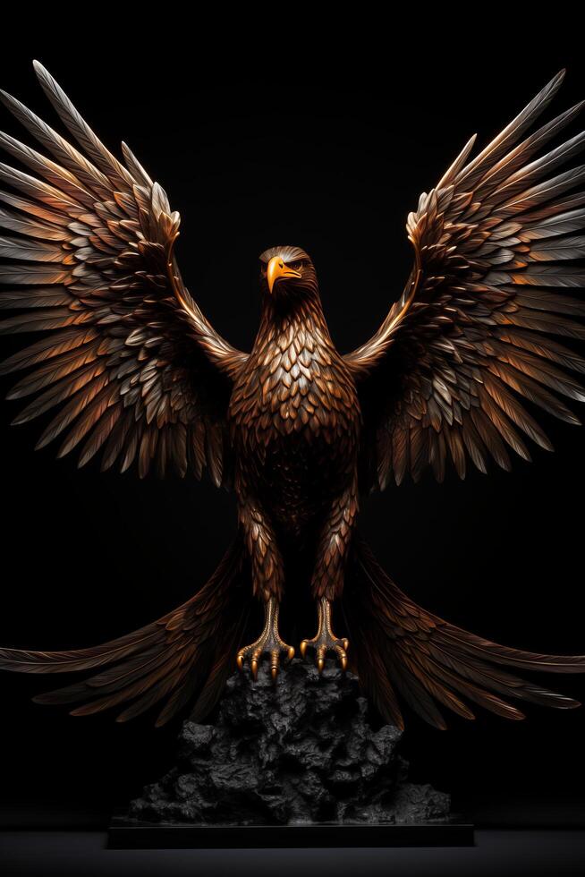 Golden eagle statue on black background photo