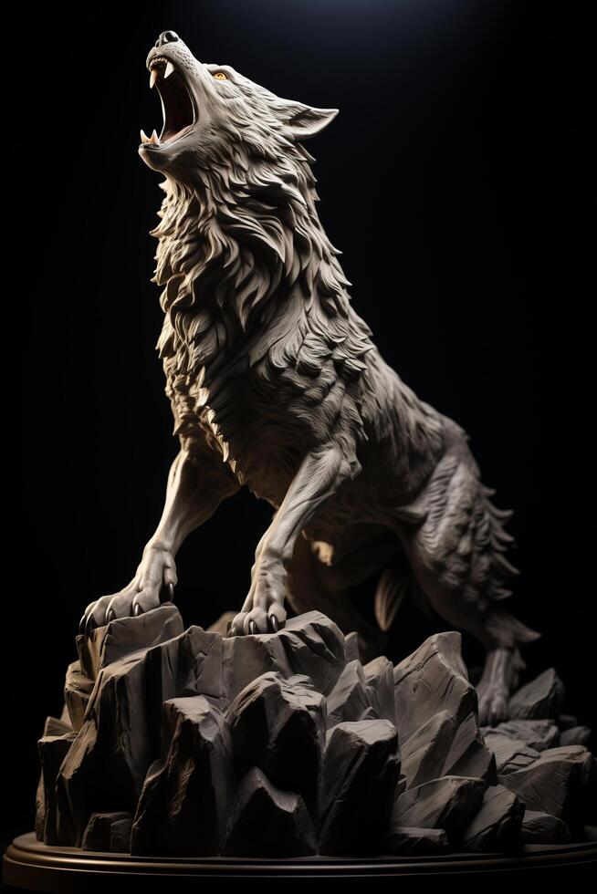 A statue of a wolf on a rock photo