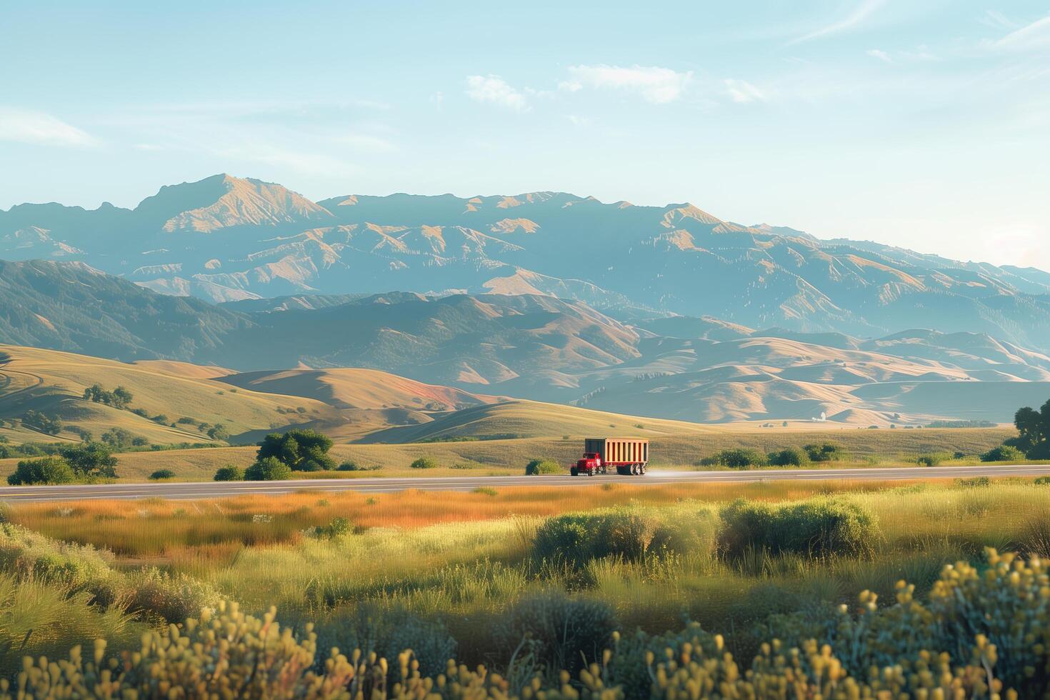 A truck driving down a road with mountains in the background photo