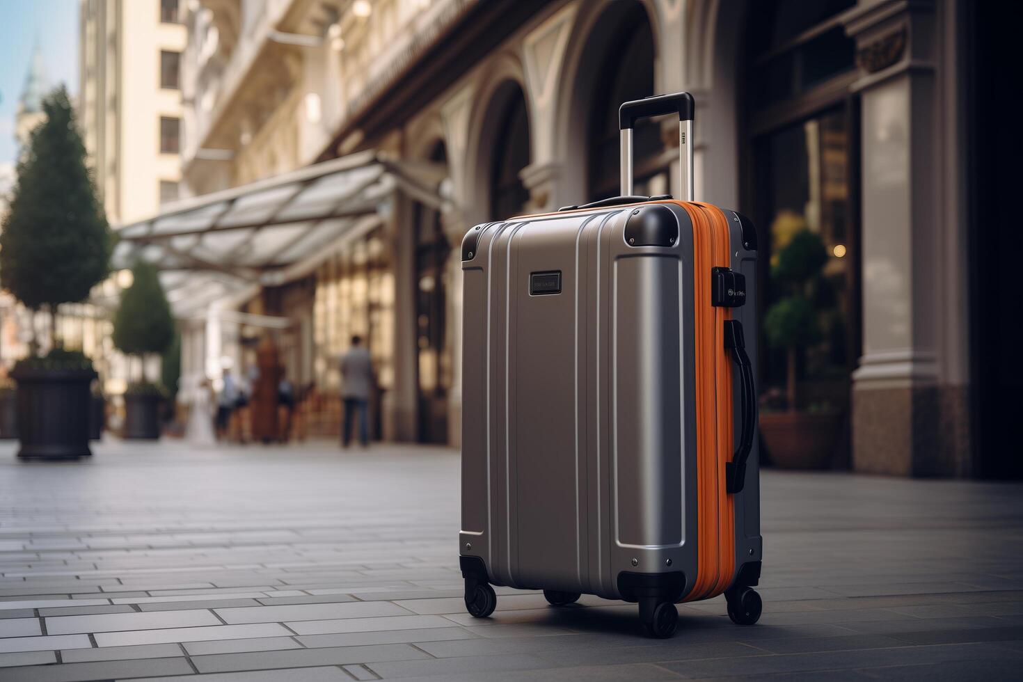 A suitcase sitting on the street in front of a building photo