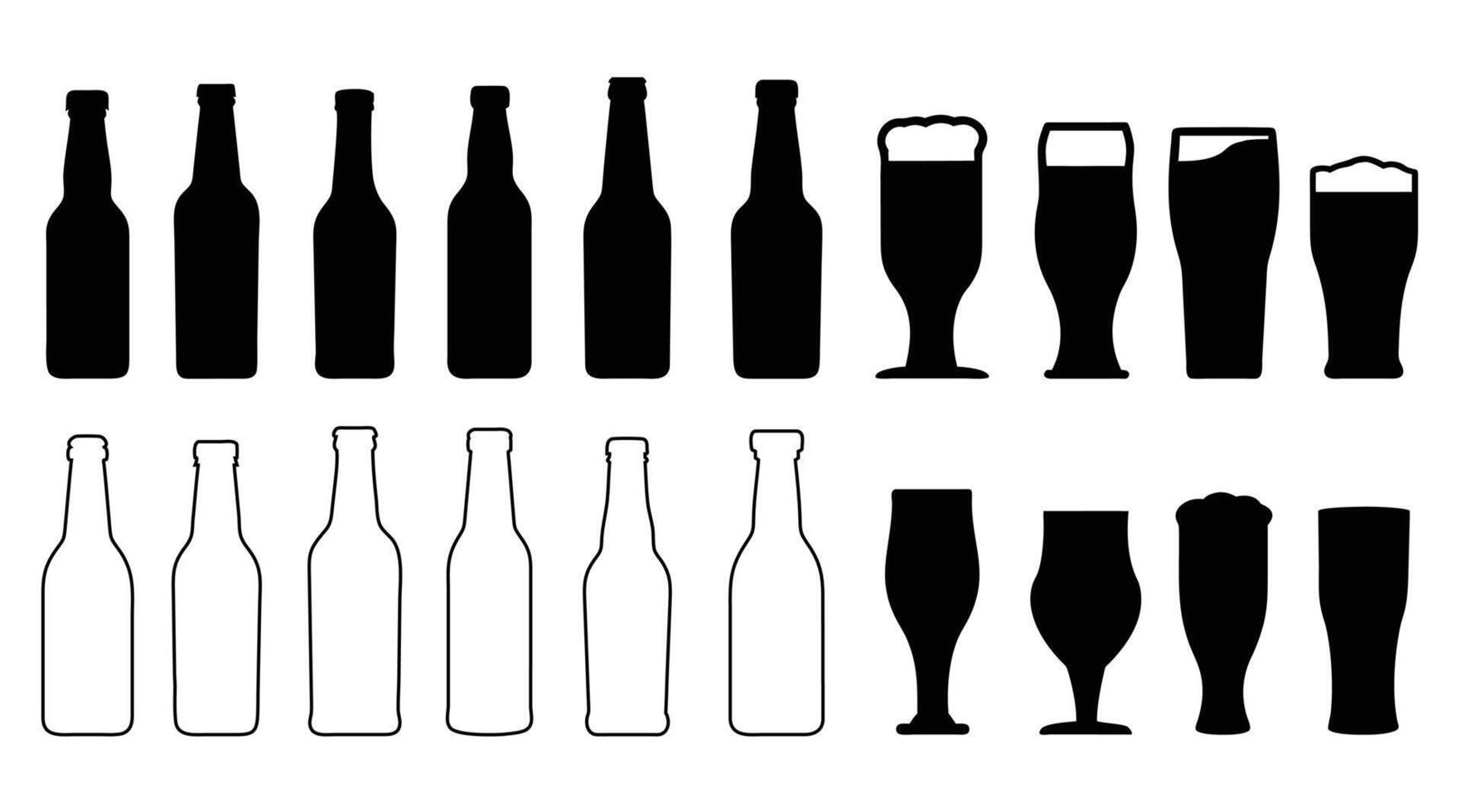 Beer Bottle and Glass Icon Set Brewery Silhouettes, Alcohol Beverage illustration Collection vector