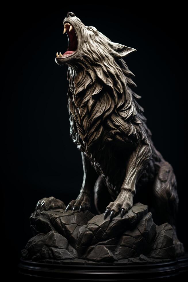 A statue of a wolf howling on a rock photo