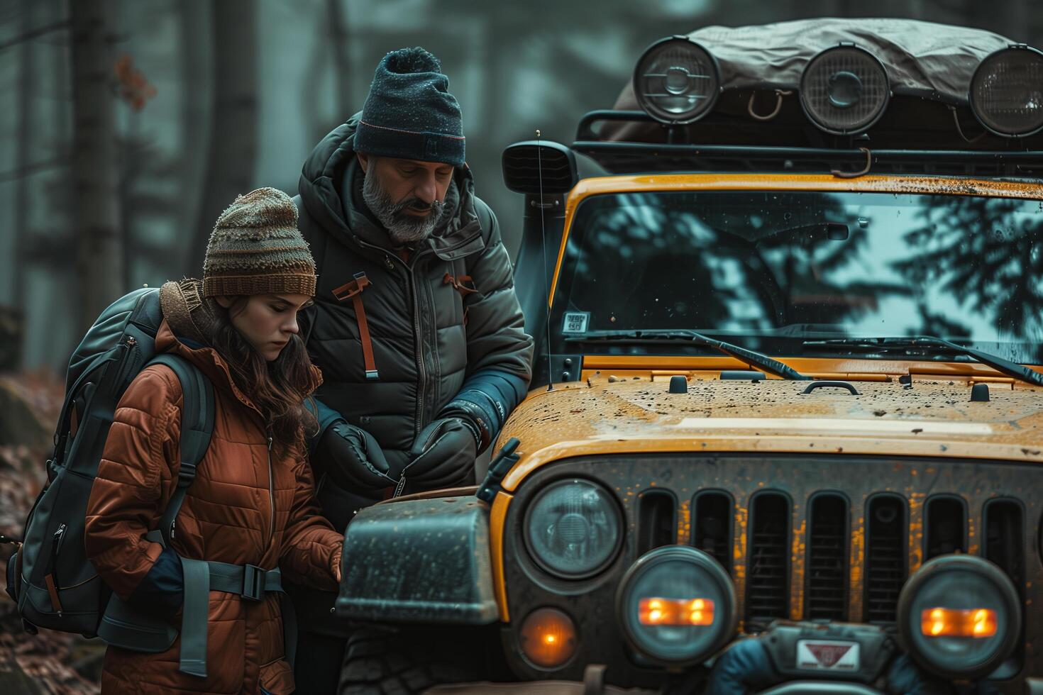 A man and woman standing next to a jeep in the woods photo