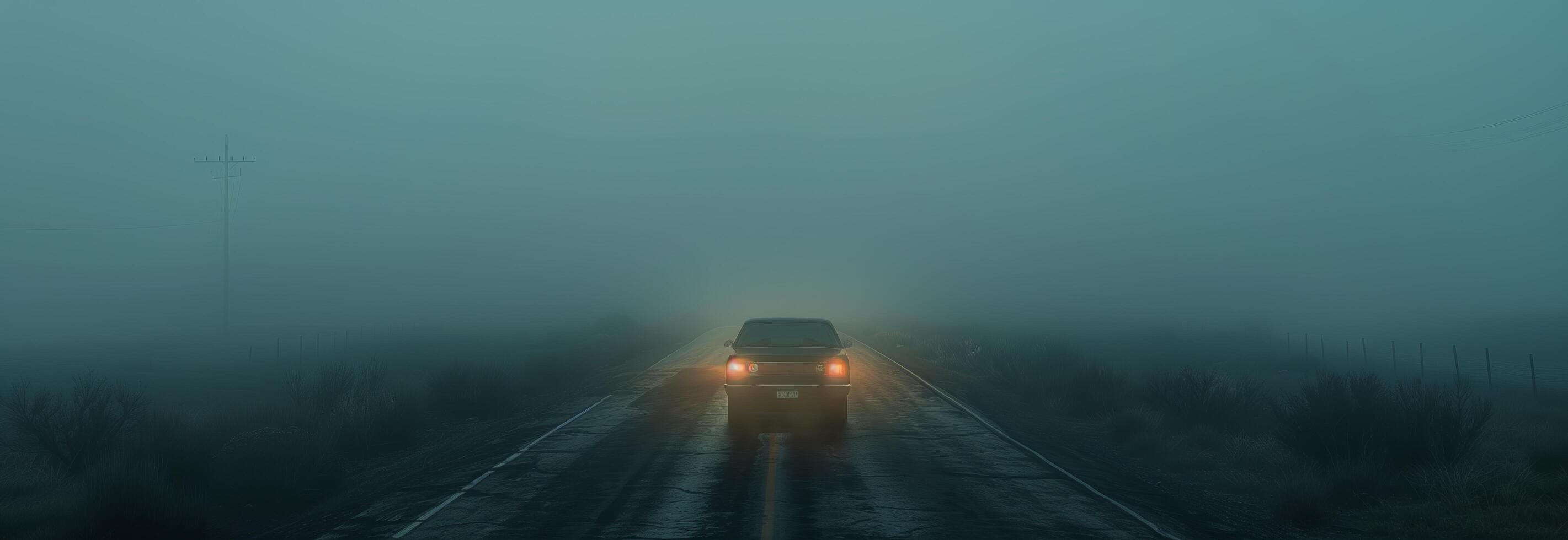 A truck is driving down a road in the fog photo