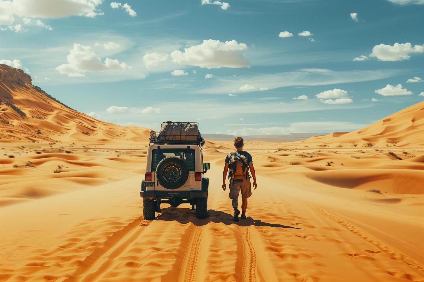 Man walking in the desert with his car photo