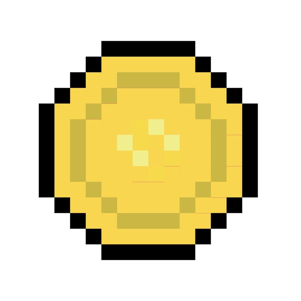 Pixel art gold coin in retro 8-bit style isolated on a white background. Game interface, pixelated life bar and menu button. Button 8 bit pixel vector