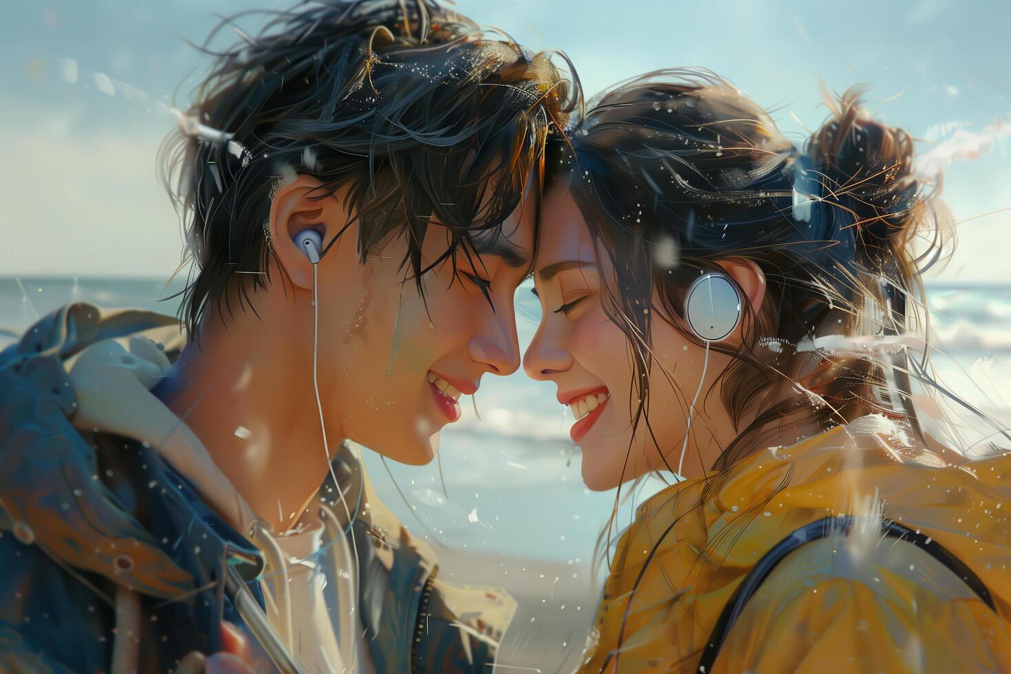 A couple is smiling and listening to music photo