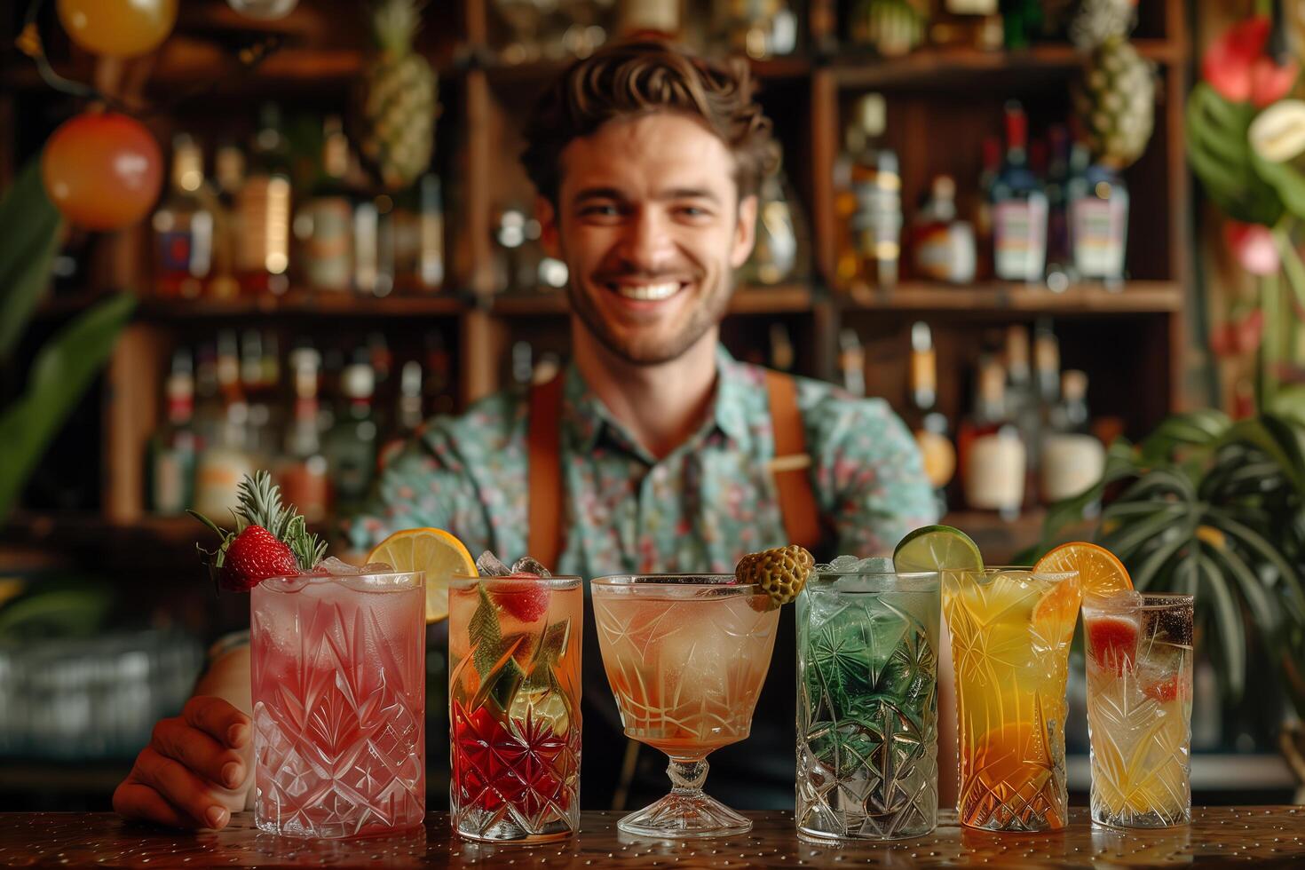 A man is smiling behind a bar with several different drinks photo