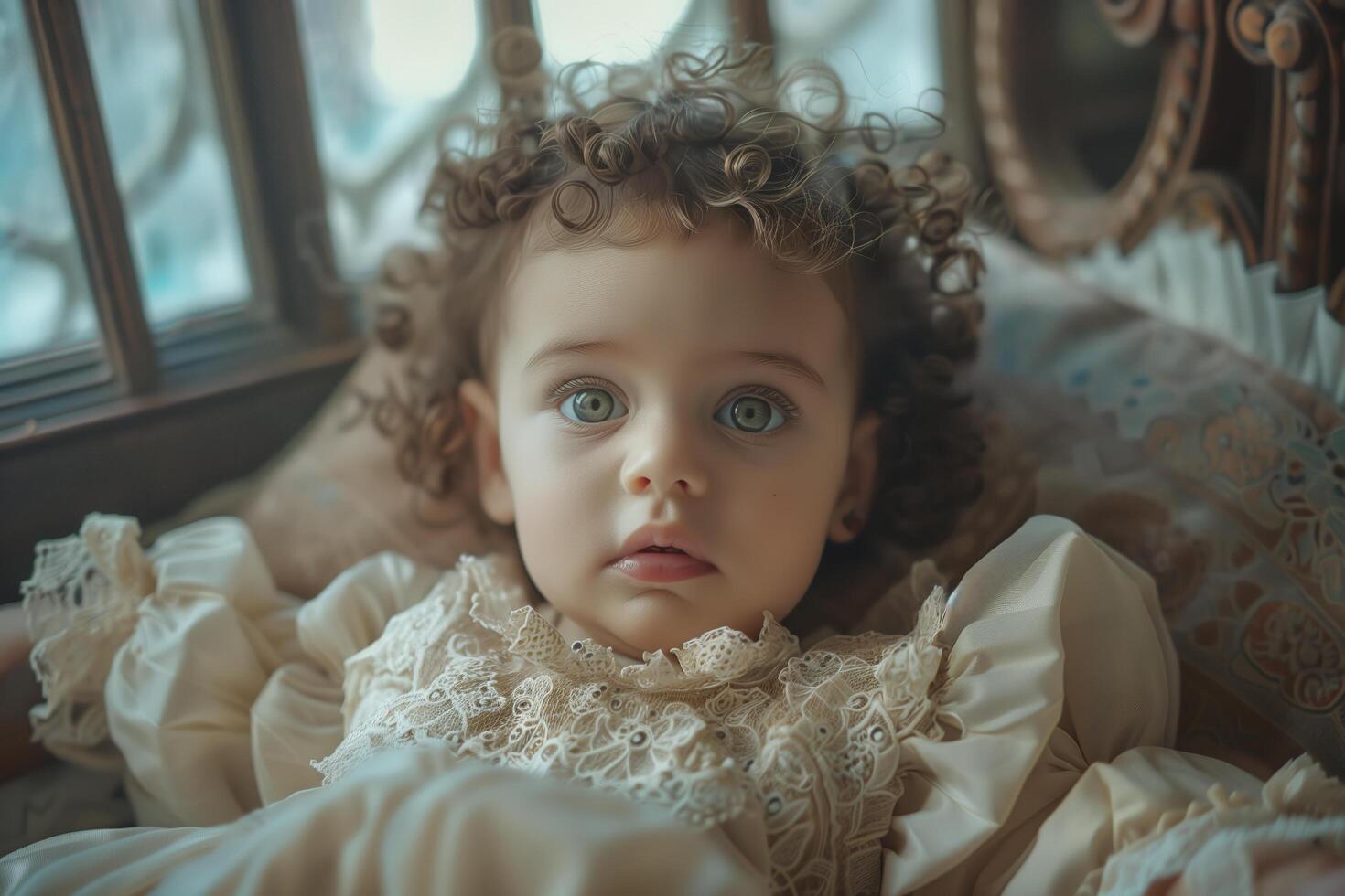 A baby with curly hair and blue eyes photo