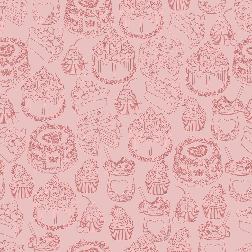 This is a pattern featuring various types of baked goods such as cakes, pies, tarts, and muffins arranged in a format. The bakery items are hand-drawn and have a sketchy style. vector
