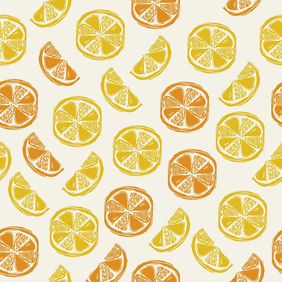 Pattern with hand-drawn citrus fruits. Background with citrus in yellow and orange colors. Summer seamless pattern for banners, cards, flyers, social media wallpapers, etc. vector