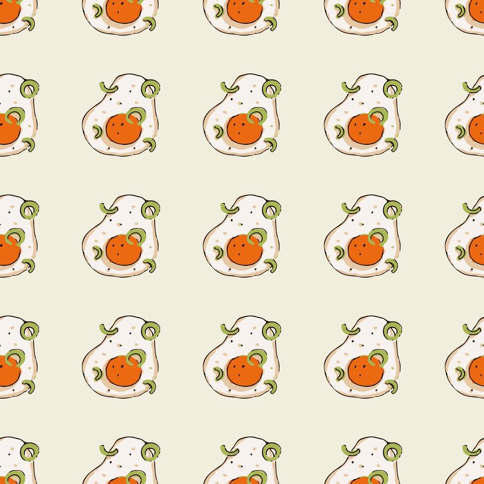 Seamless pattern with fried eggs. Scrambled eggs. Hand-drawn breakfast background. Fried eggs on a pastel yellow background, food in a flat style, abstract design pattern. Paper design. vector
