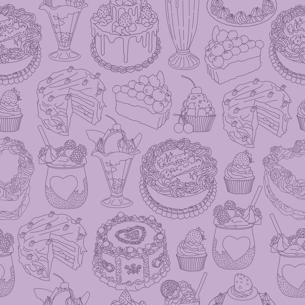 This is a purple pattern featuring various types of baked goods such as cakes, pies, tarts, and muffins arranged in a format. The bakery items are hand-drawn and have a sketchy style. vector