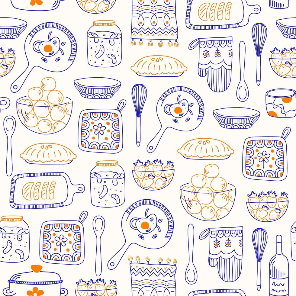 Cooking utensils and kitchen tools - seamless background. Kitchen doodles pattern. Seamless pattern with outline icons on theme kitchen accessories and food. Food and kitchen seamless pattern. vector