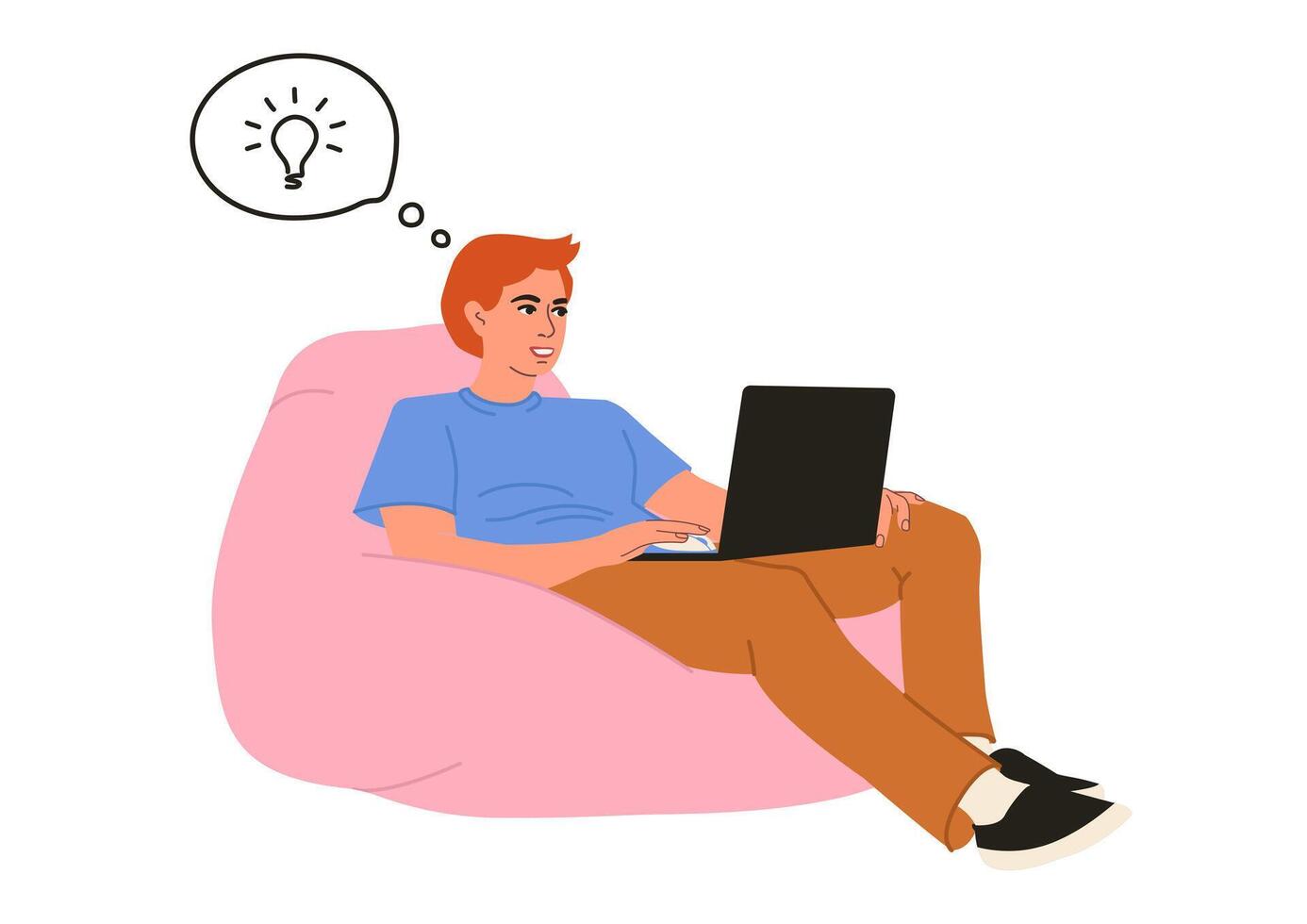 A student studies at a computer on a pouf. A young guy works in a coworking space on a laptop. College student. Isolated illustration on a white background. vector