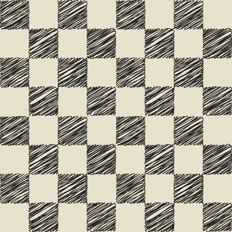 Chessboard background. Geometric black-white square texture in doodle style. Gingham wallpaper for print templates or textiles. Simple scribble pattern. vector