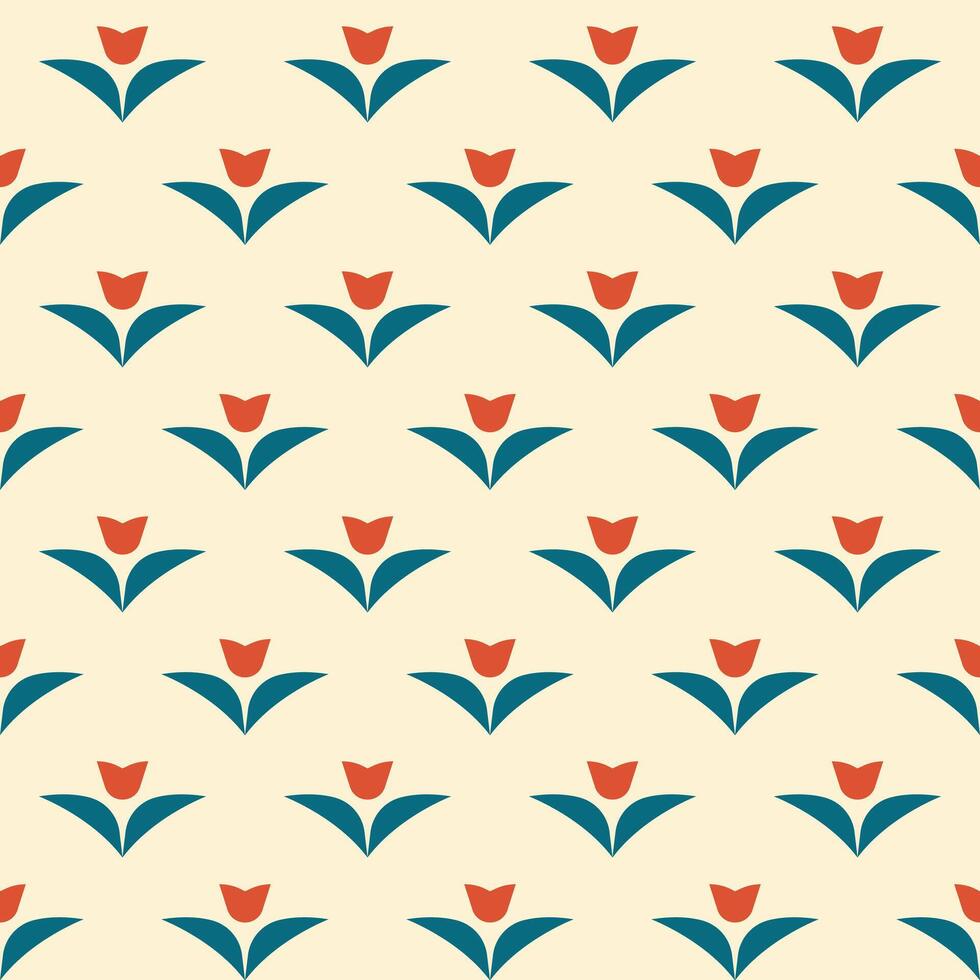 Simple decorative tile pattern with red tulips. Cool spring pattern with geometric decorative tulip. Folk Nordic style art. Wrapping paper and fabric. vector