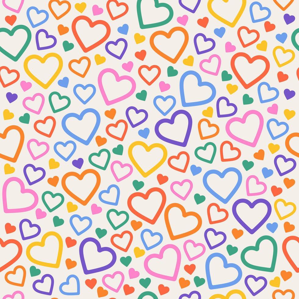 A seamless pattern composed of hearts in a rainbow of colors. Using the LGBTQ flag colors adds a layer of meaning to the design. vector