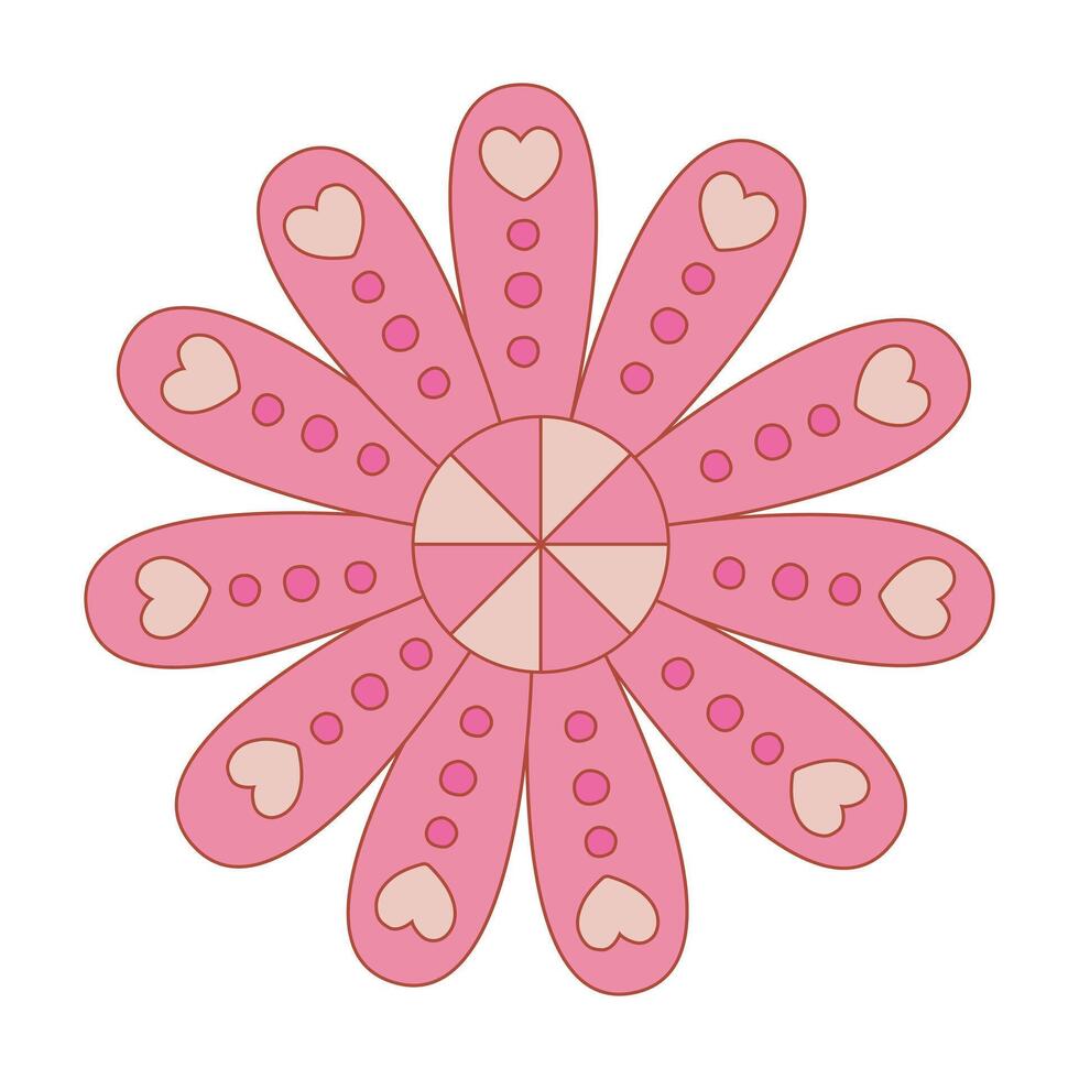 Graphic pink chamomile flower on white, a botanical design with boho patterns. Perfect as a tropical summer design element. vector