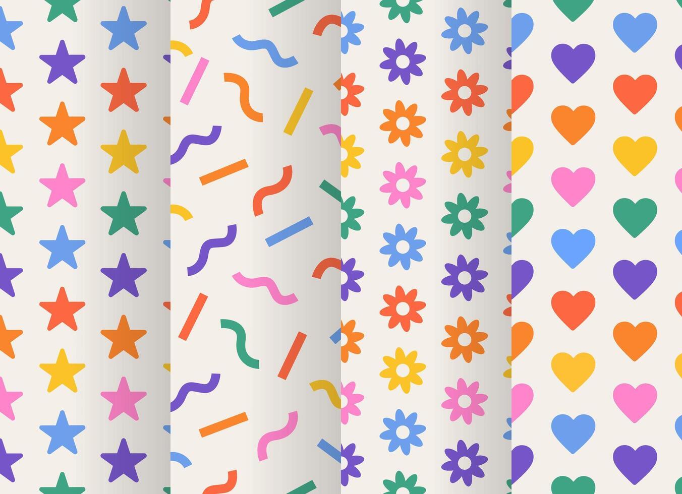 A set of four rainbow patterns with stars, hearts, flowers, and lines. The patterns are bright and cheerful. Pride Month, LGBT. Vintage 70s style abstract hippie patterns. Minimalistic design. vector