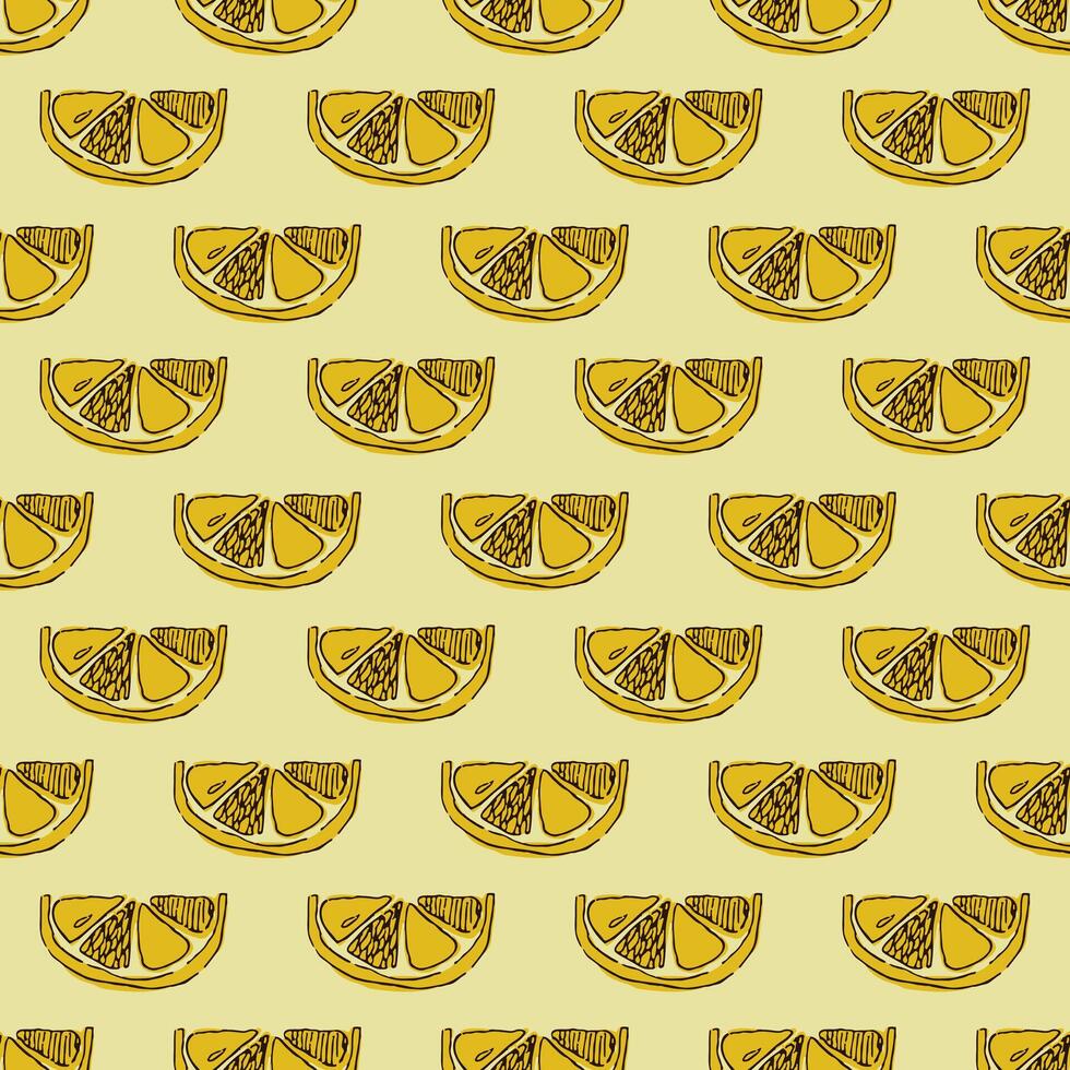 Pattern with hand-drawn yellow lemon slices. Background with citrus fruits in yellow tones. summer seamless pattern for banners, cards, flyers, social media wallpapers, etc. vector