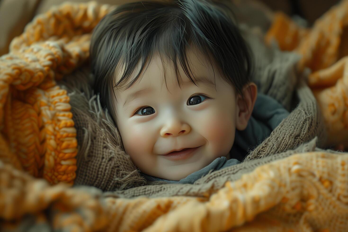 A baby smiling while wrapped in a blanket photo