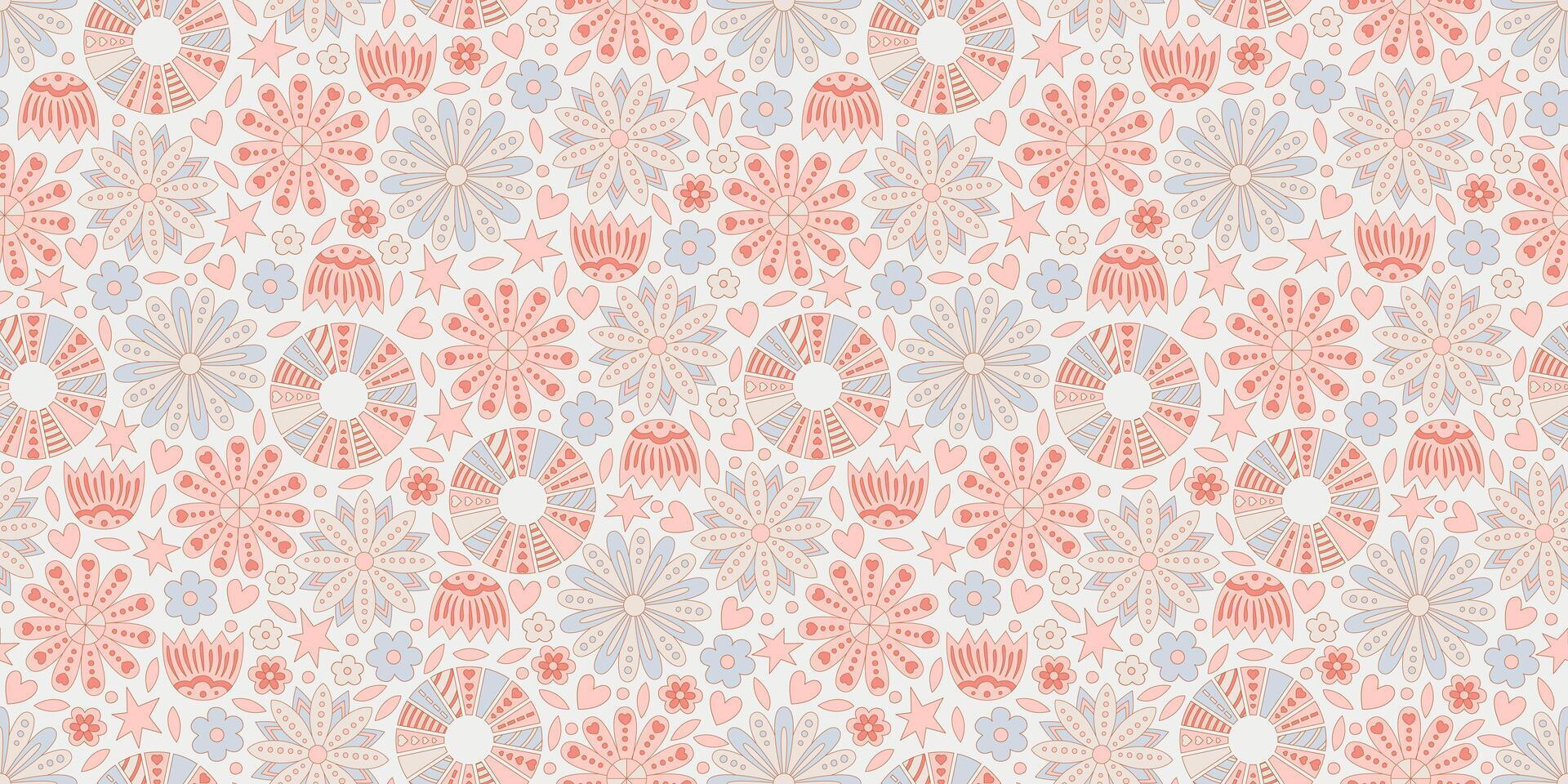 Boho style pattern in pink and blue pastel colors. A variety of backgrounds depicting the sun and flowers. Summer pattern. Cute illustration for children's room. vector