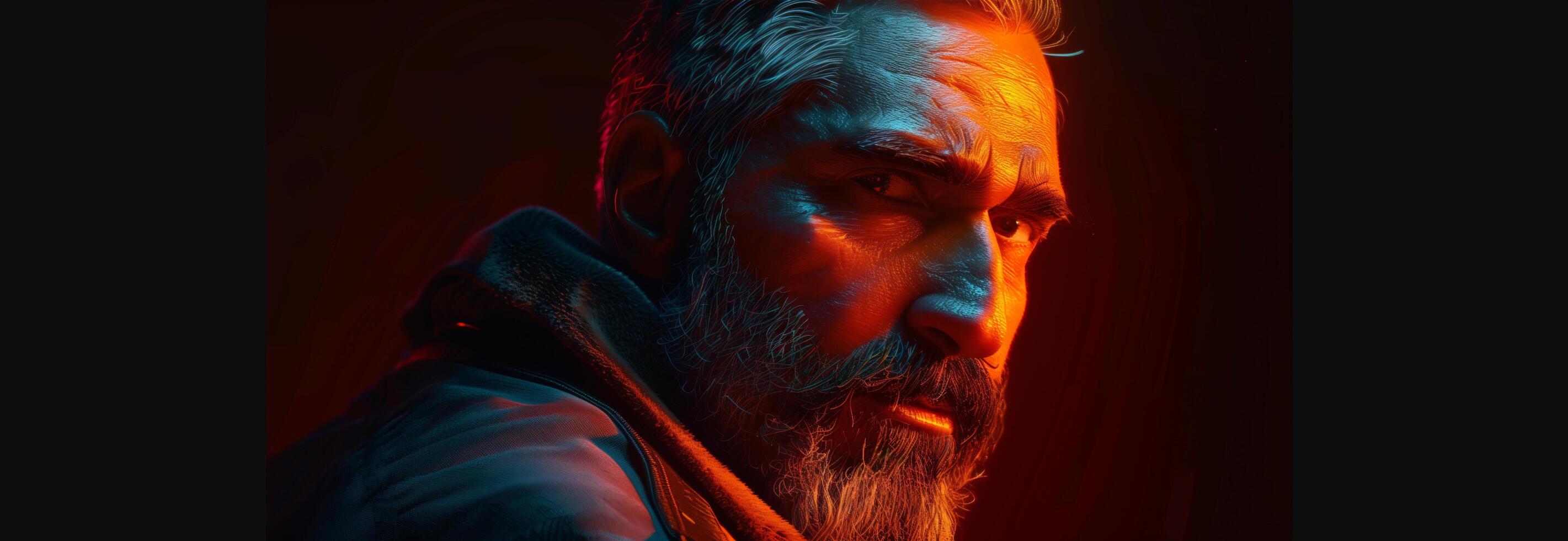The man with the beard is staring into the camera photo