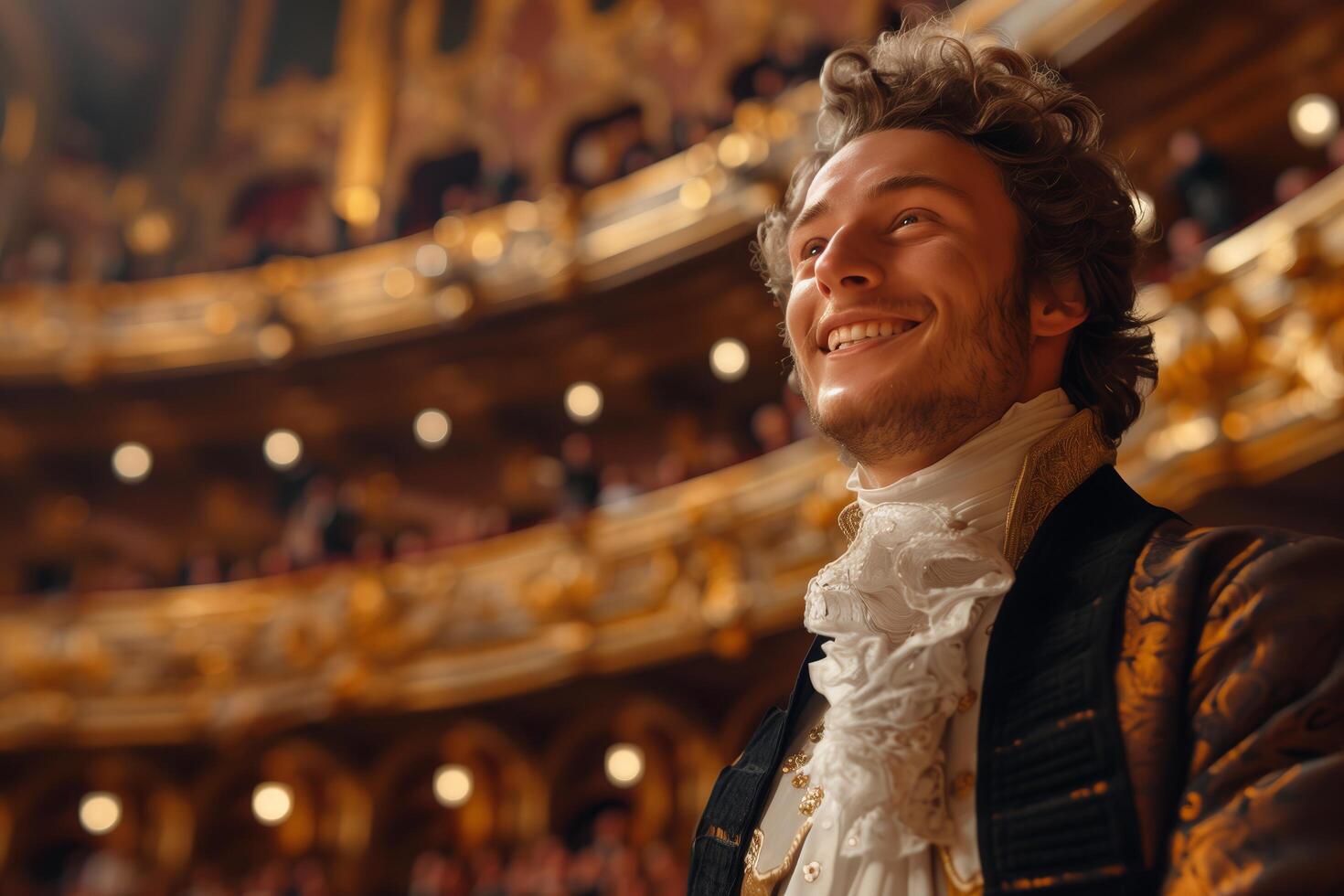 A man in a golden costume smiles at the audience photo