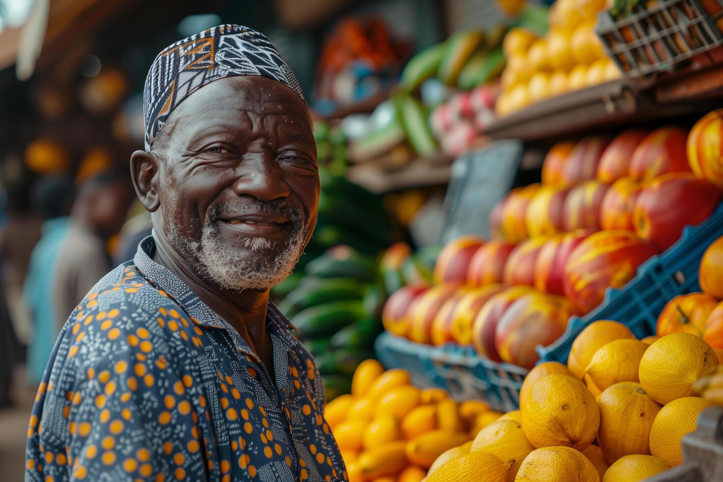 An old man smiles while standing in front of a fruit stand photo