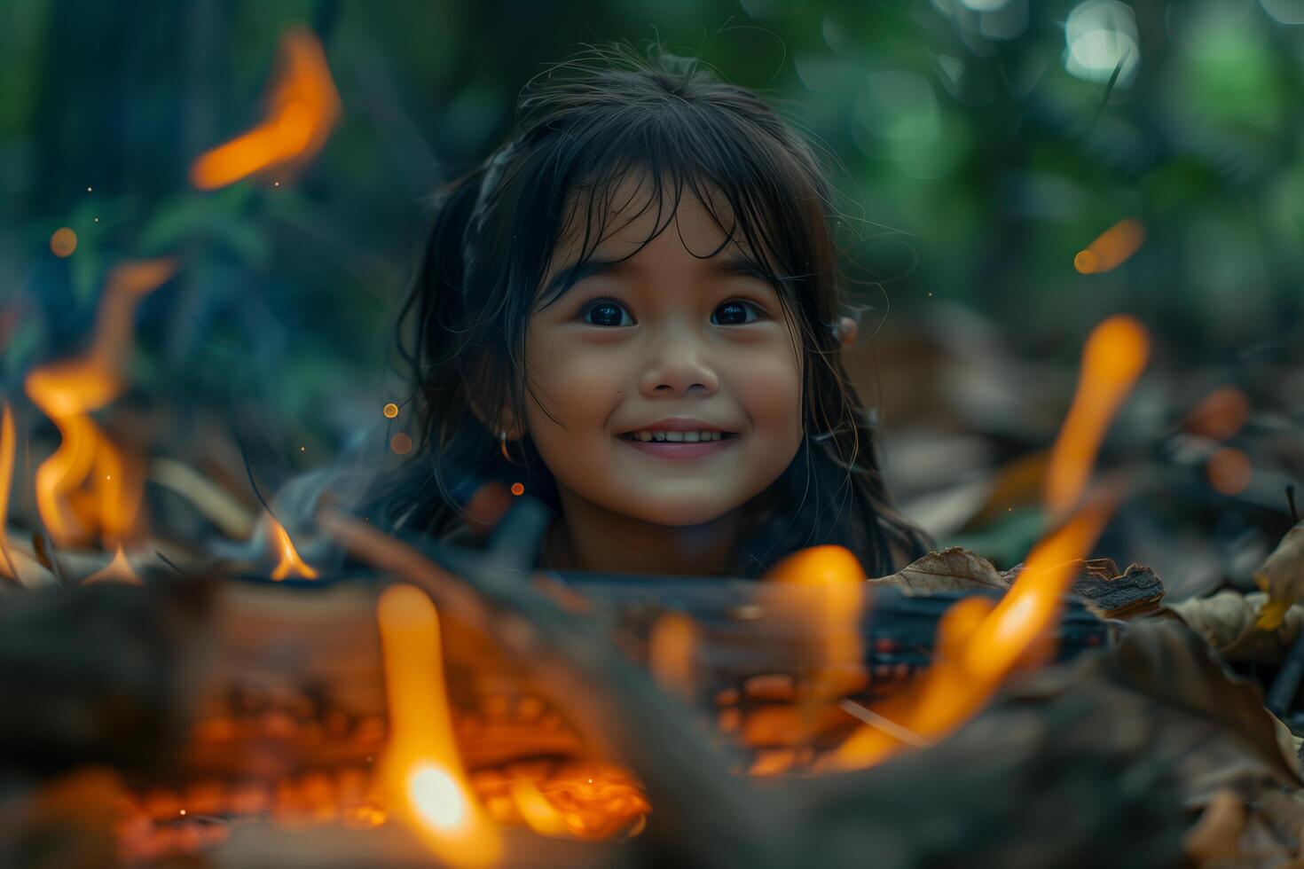 A little girl smiles while sitting on a log photo