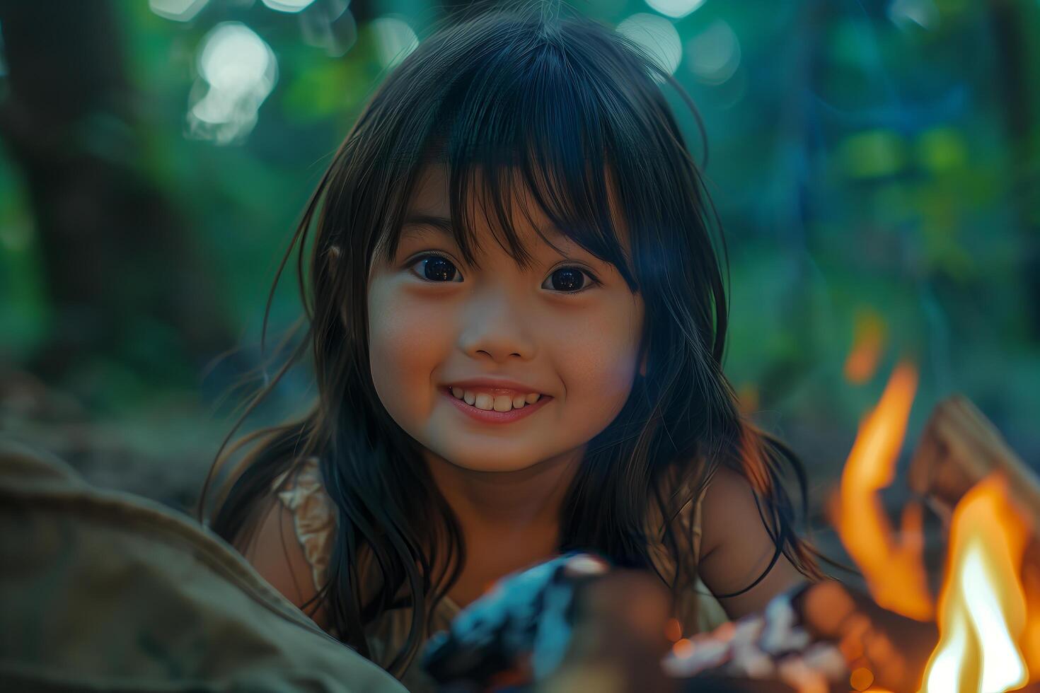 A little girl smiles while sitting next to a campfire photo